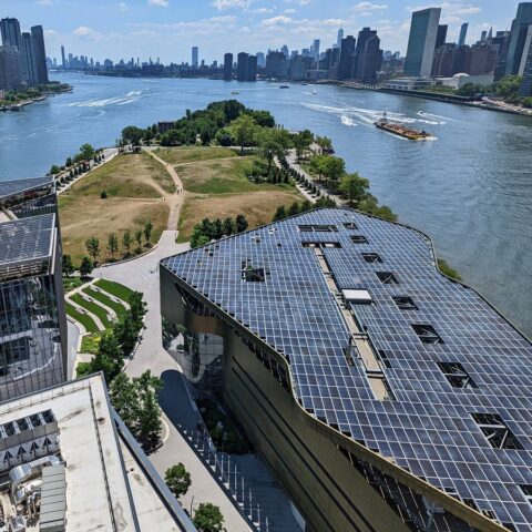 View of the solar canopy on top of Cornell Tech's Bloomberg Center, with the East River in the background (iStock)